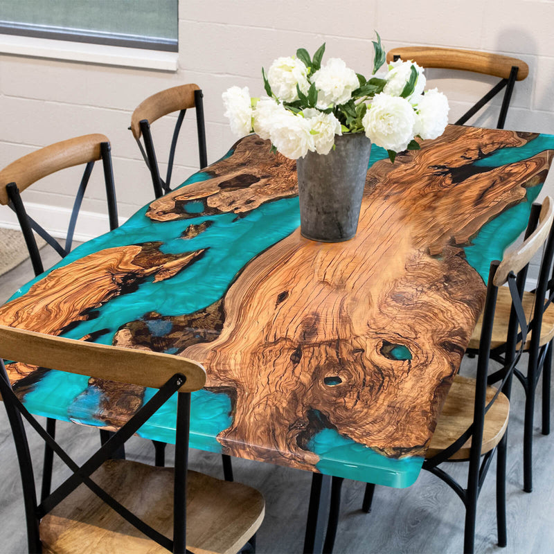 Custom Olive Epoxy Resin River Table Blue Pearl ORT-48