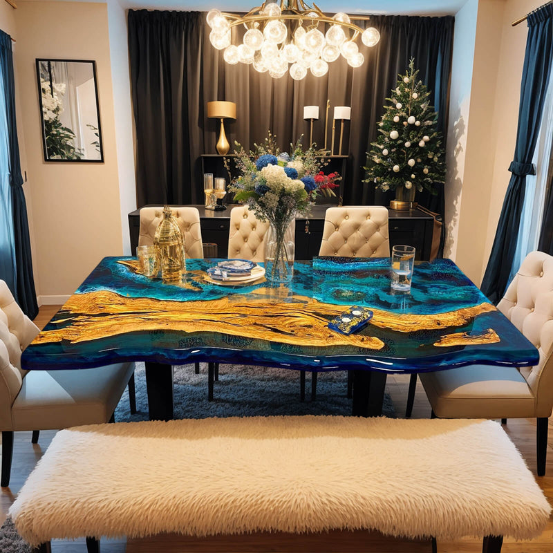Custom Olive Epoxy Resin River Table Blue Resin ORT-16