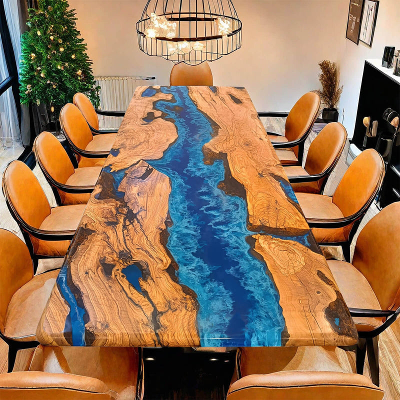 Custom Olive Epoxy Resin River Table Blue Waves ORT-18