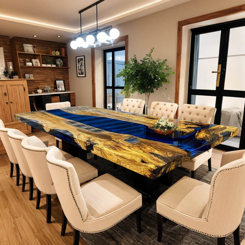 Custom Olive Epoxy Resin River Table Blue Waves ORT-05