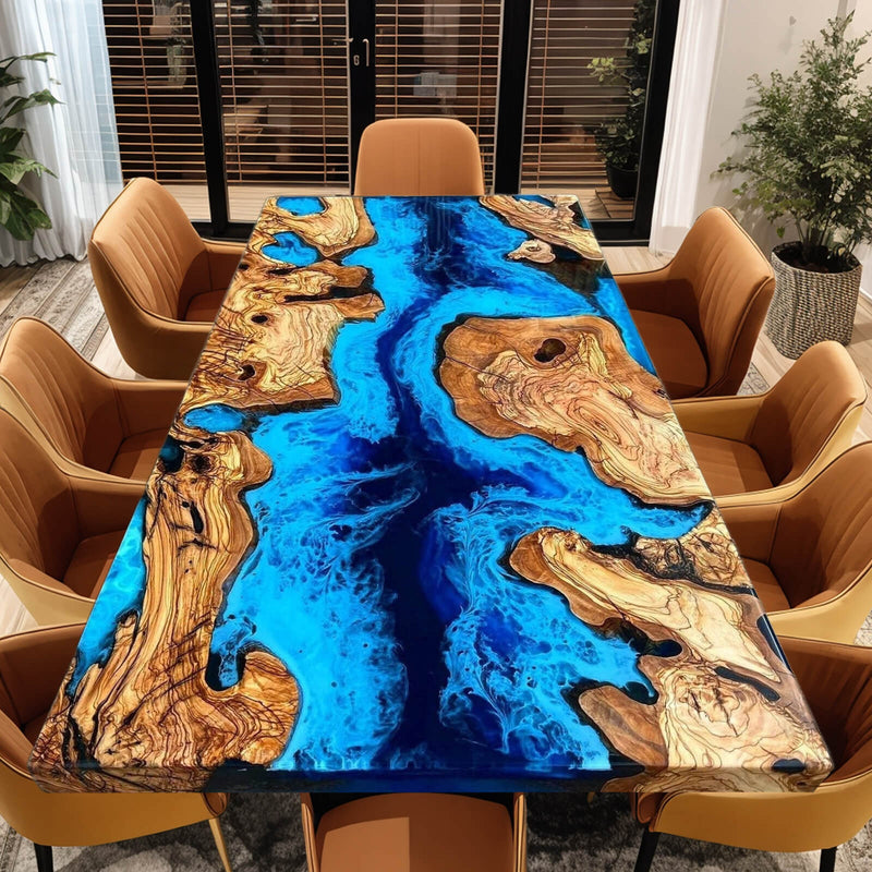 Custom Olive Epoxy Resin River Table Blue Waves ORT-11