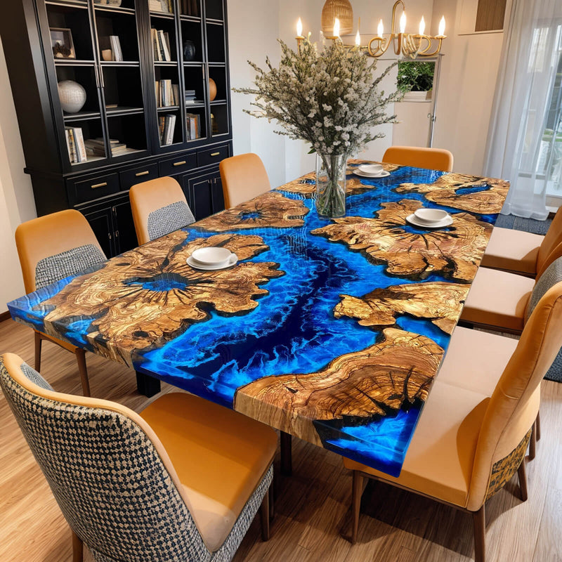 Custom Olive Epoxy Resin River Table Blue Waves ORT-13