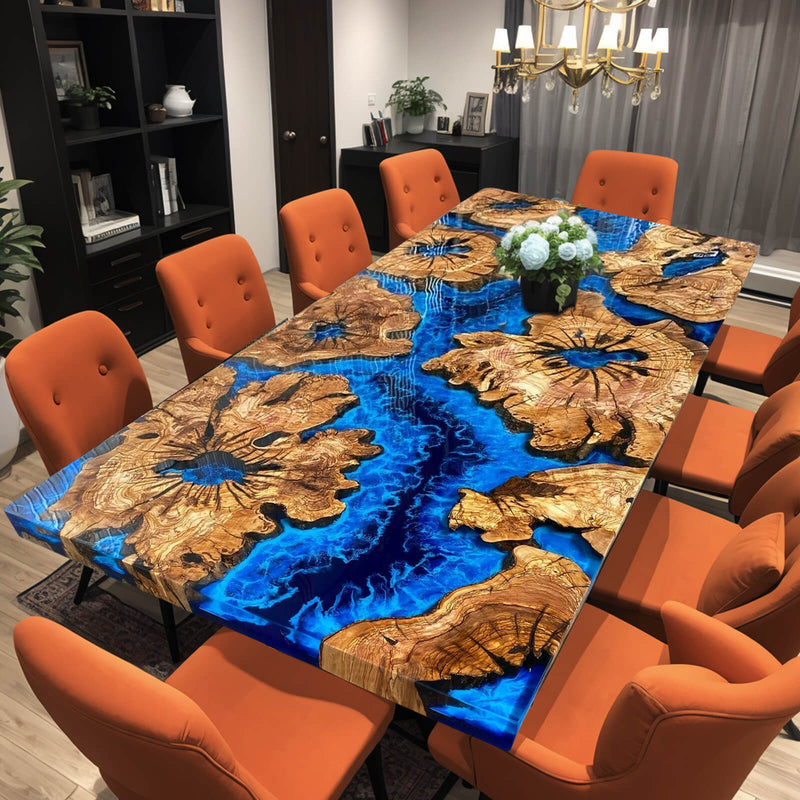 Custom Olive Epoxy Resin River Table Blue Waves ORT-13