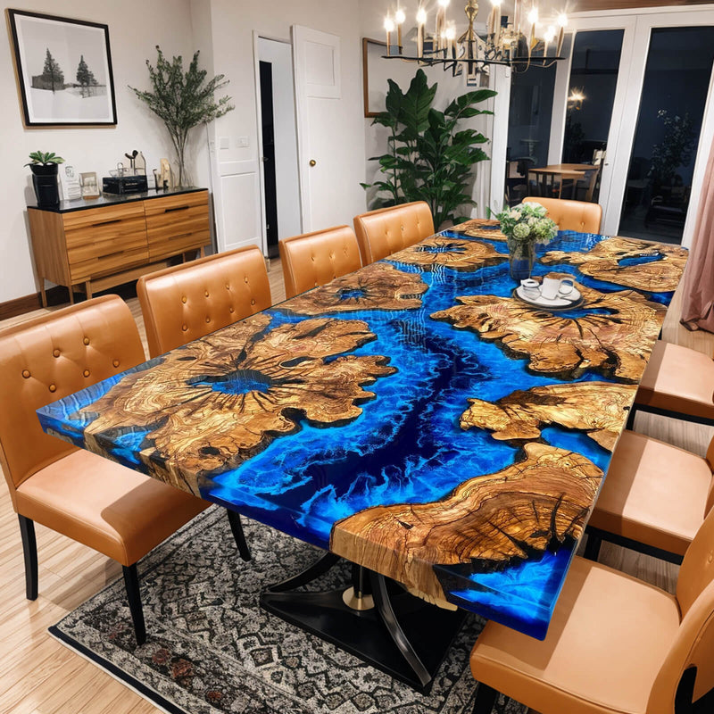 Custom Olive Epoxy Resin River Table Blue Waves ORT-13