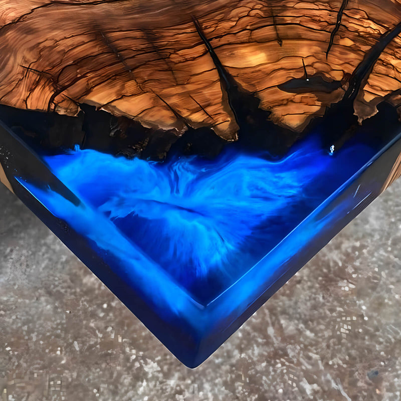 Custom Olive Epoxy Resin River Table Blue Waves ORT-13