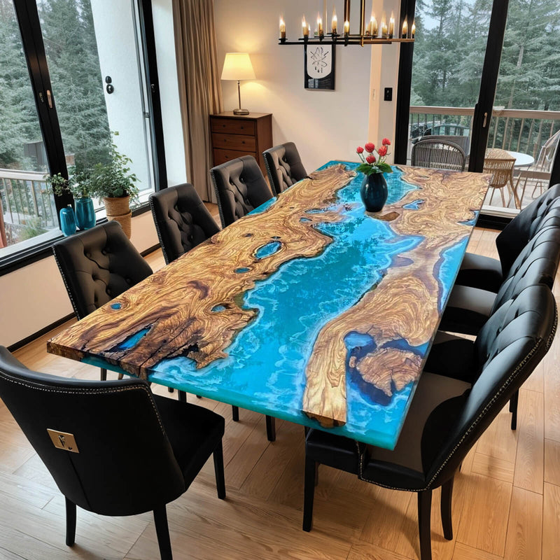 Custom Olive Epoxy Resin River Table Blue Waves ORT-06