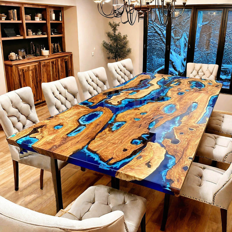 Custom Olive Epoxy Resin River Table Blue Waves ORT-23
