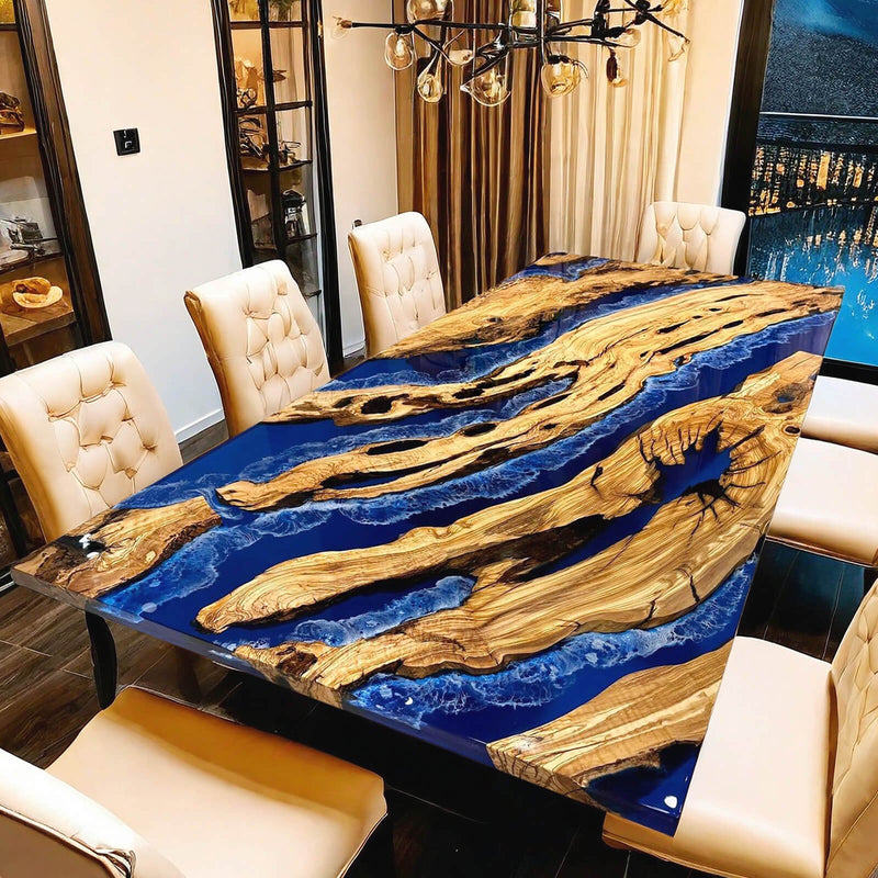 Custom Olive Epoxy Resin River Table Blue Waves ORT-22