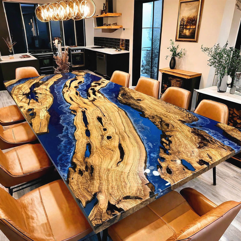 Custom Olive Epoxy Resin River Table Blue Waves ORT-22