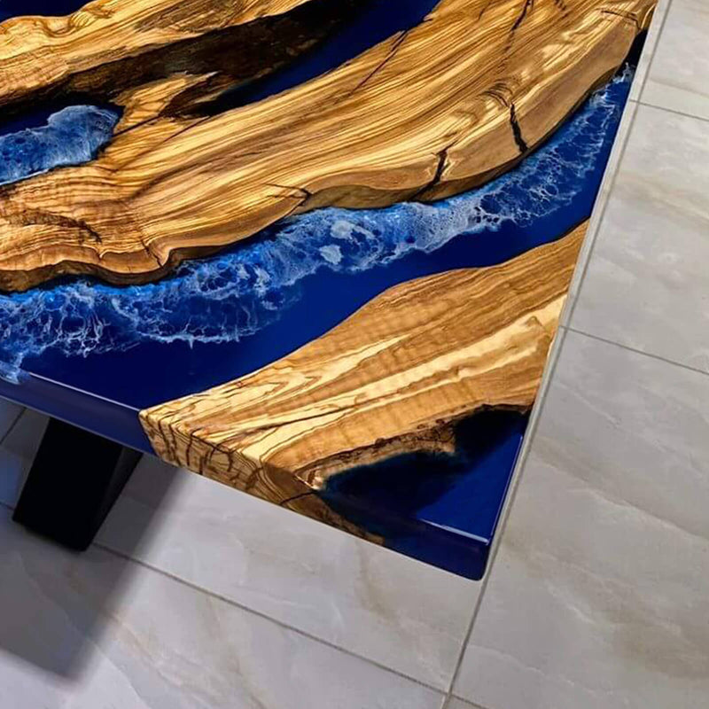 Custom Olive Epoxy Resin River Table Blue Waves ORT-22