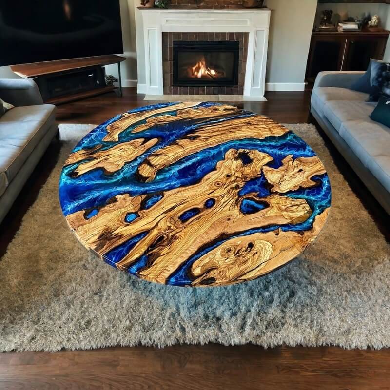 Custom Olive Epoxy Resin Round Coffee Table Blue CRT-35
