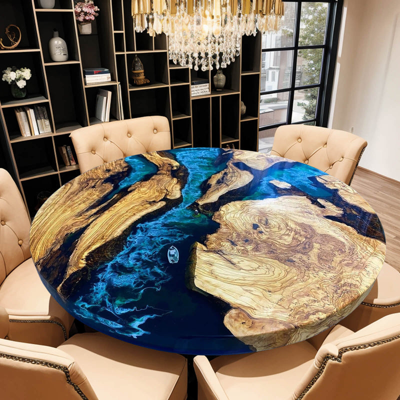 Custom Olive Epoxy Resin Round Coffee Table Blue Waves CRT-36