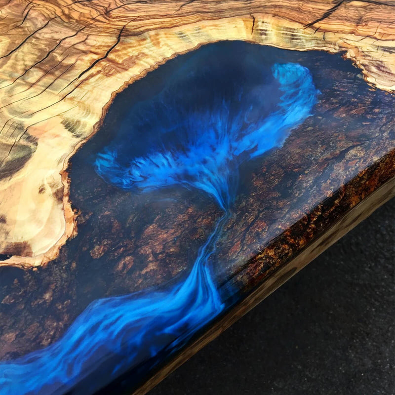 Custom Olive Wood Epoxy Resin River Table Deep Blue ORT-26