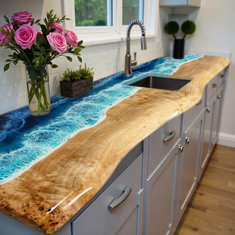 Custom Poplar Epoxy Resin River Kitchen Countertop Blue Waves PRT-01