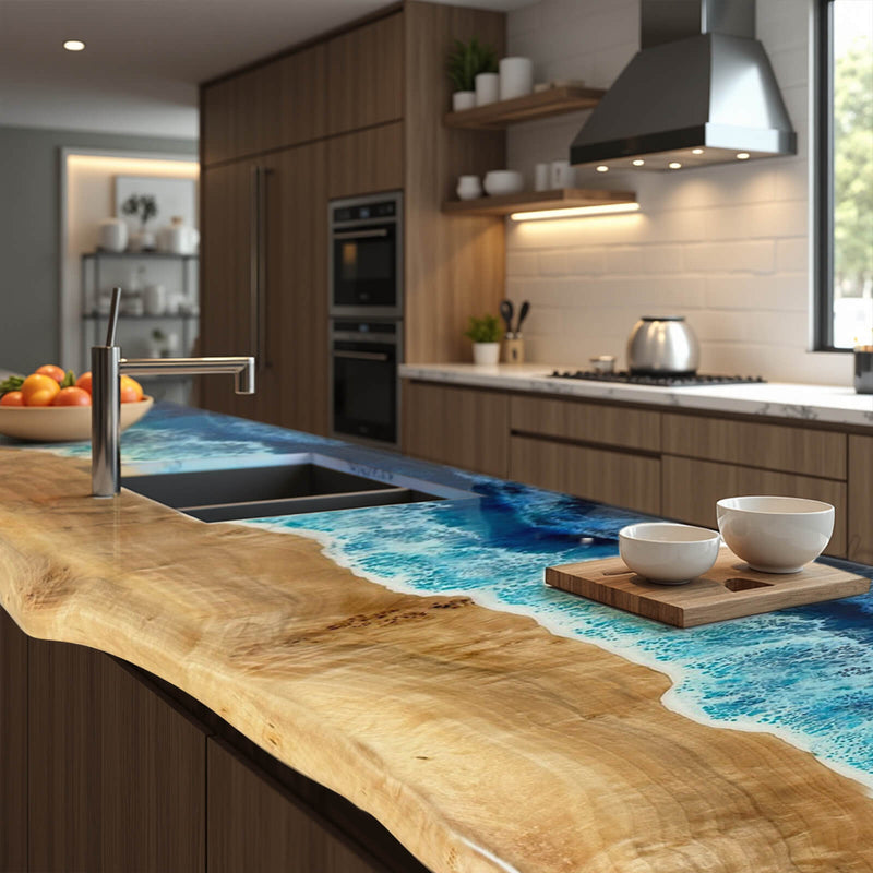 Custom Poplar Epoxy Resin River Kitchen Countertop Blue Waves PRT-01