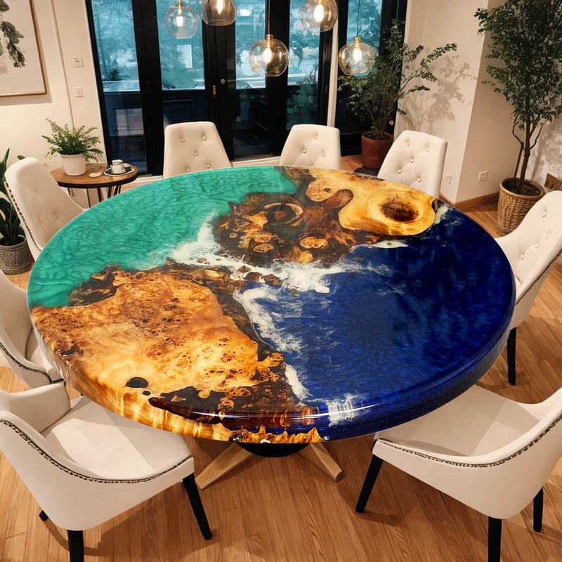 Custom Poplar Epoxy Resin Round Coffee Table Blue Green CRT-33