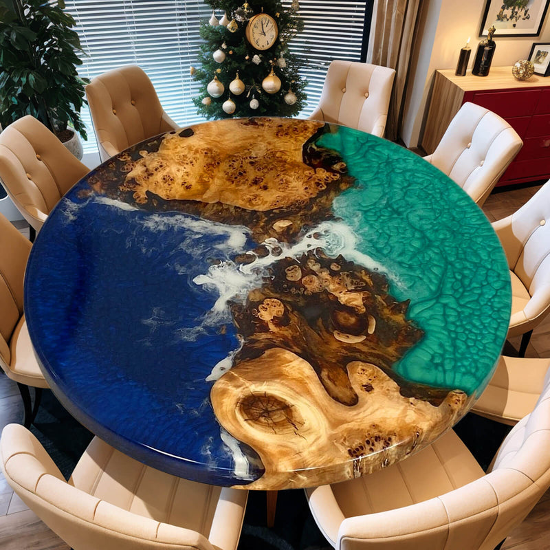 Custom Poplar Epoxy Resin Round Coffee Table Blue Green CRT-33