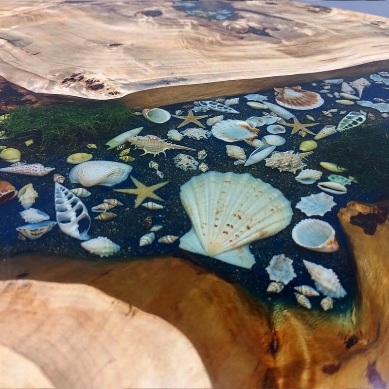 Custom Poplar Epoxy Resin Round Coffee Table Blue Resin CRT-32