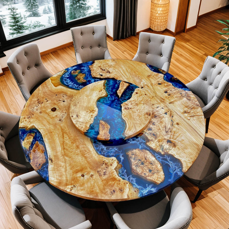 Custom Poplar Epoxy Resin Round Coffee Table Blue Resin CRT-31