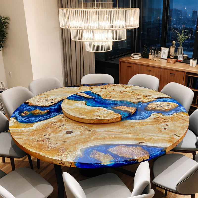 Custom Poplar Epoxy Resin Round Coffee Table Blue Resin CRT-31