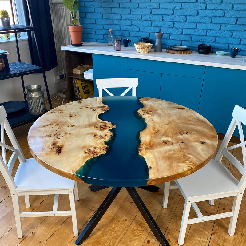 Custom Poplar Epoxy Resin Round Coffee Table Blue Resin CRT-29