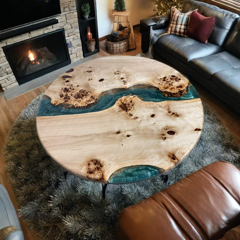 Custom Poplar Epoxy Resin Round Coffee Table Blue Resin CRT-27