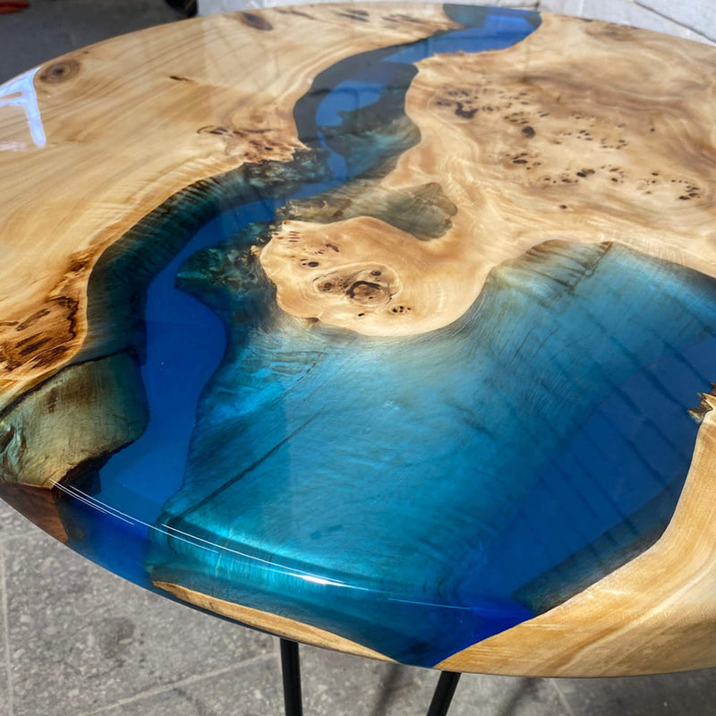 Custom Poplar Epoxy Resin Round Coffee Table Blue Resin CRT-26