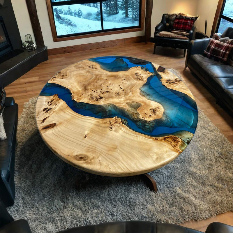 Custom Poplar Epoxy Resin Round Coffee Table Blue Resin CRT-26
