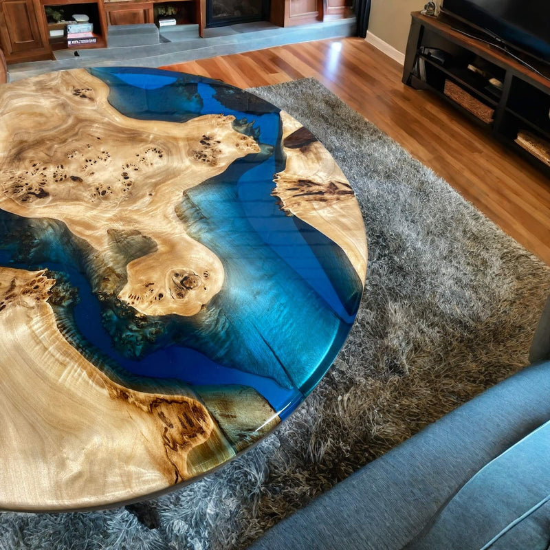Custom Poplar Epoxy Resin Round Coffee Table Blue Resin CRT-26