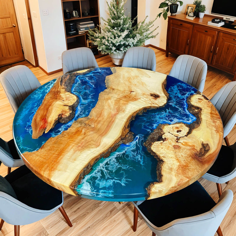 Custom Poplar Epoxy Resin Round Coffee Table Blue Waves CRT-24