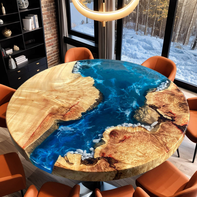 Custom Poplar Epoxy Resin Round Coffee Table Blue Waves CRT-23