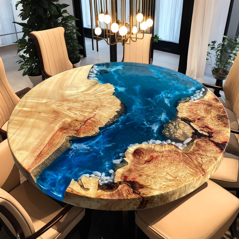 Custom Poplar Epoxy Resin Round Coffee Table Blue Waves CRT-23