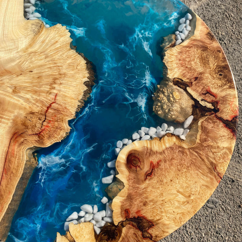 Custom Poplar Epoxy Resin Round Coffee Table Blue Waves CRT-23