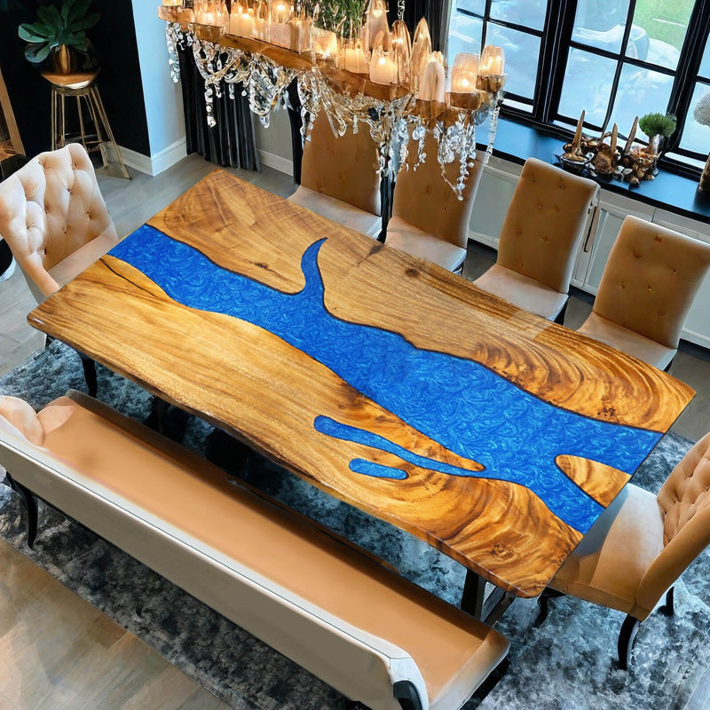 Custom Walnut Epoxy Resin River Table Ocean Blue Resin WRT-18