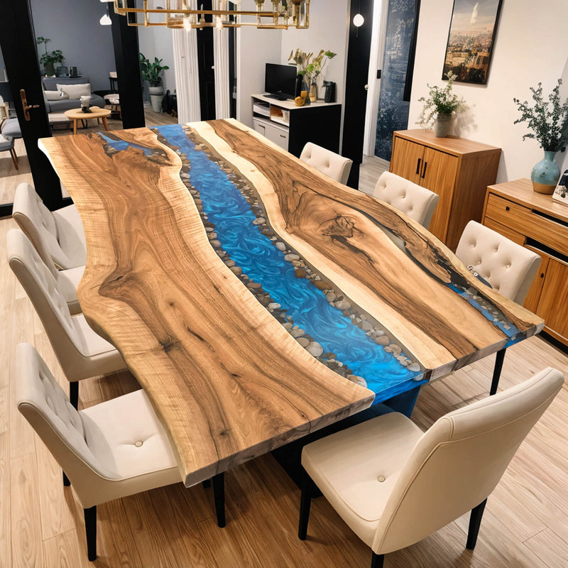 Custom Walnut Epoxy Resin River Table Blue Resin WRT-46