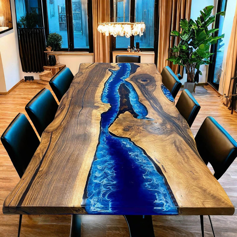 Custom Walnut Epoxy Resin River Table Blue Waves WRT-51