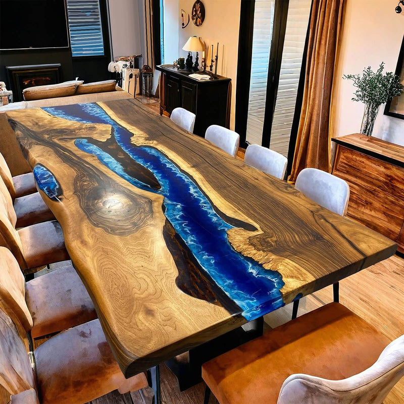 Custom Walnut Epoxy Resin River Table Blue Waves WRT-51