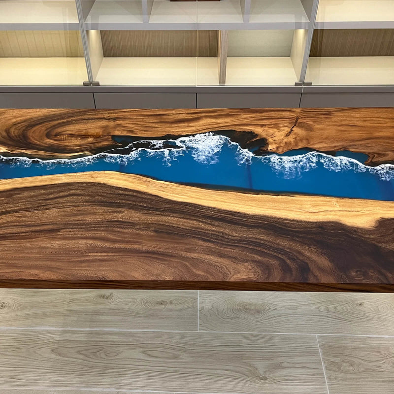 Custom Black Walnut Epoxy Resin River Table Blue Waves BRT-82