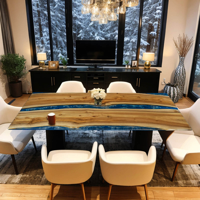 Custom Walnut Epoxy Resin River Table Blue Waves WRT-45