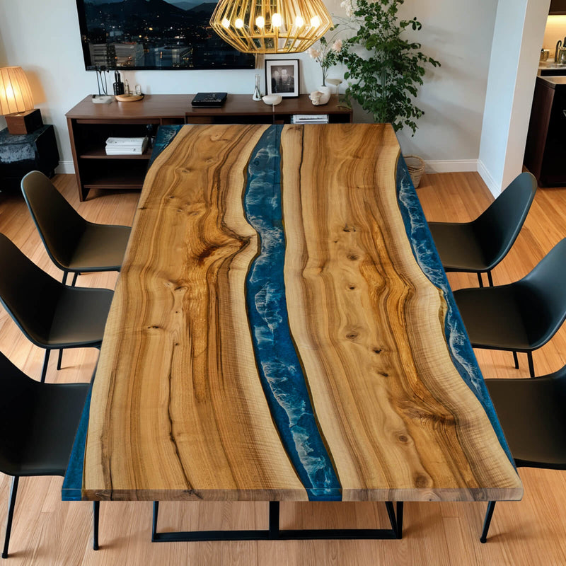 Custom Walnut Epoxy Resin River Table Blue Waves WRT-45