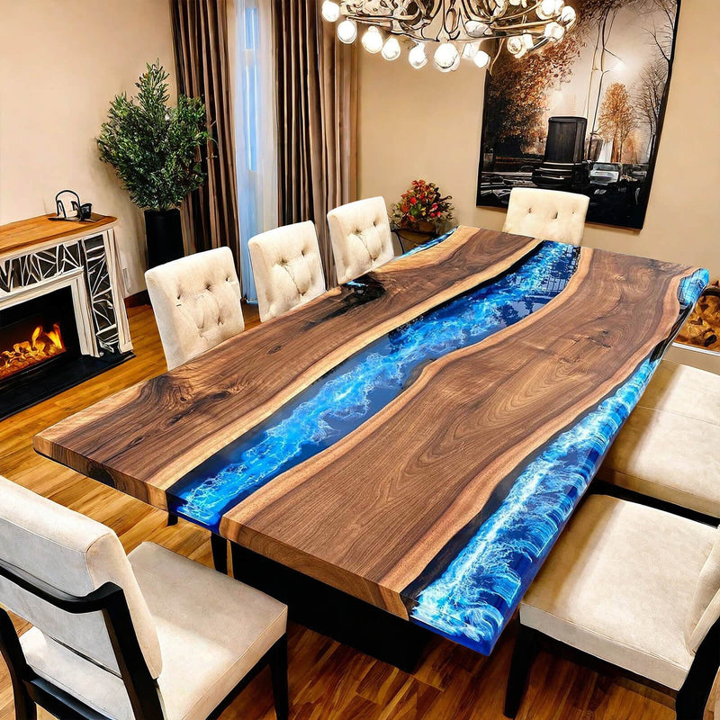 Custom Walnut Epoxy Resin River Conference Table Blue Waves WRT-50