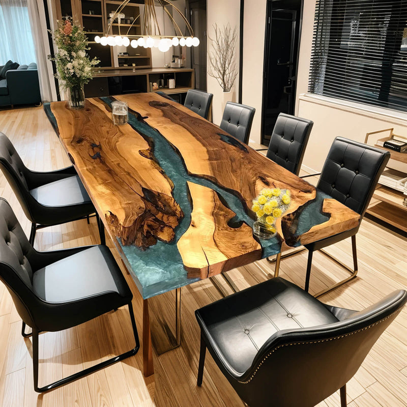 Custom Walnut Epoxy Resin River Table Grey Blue Resin WRT-38