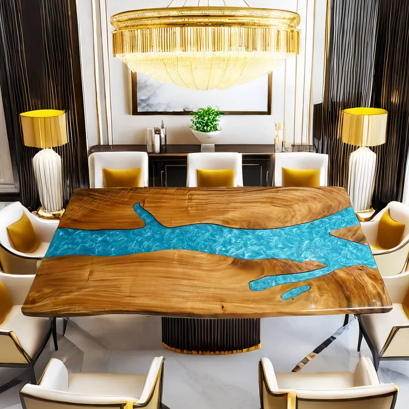 Custom Walnut Epoxy Resin River Table Mint Blue Resin WRT-19