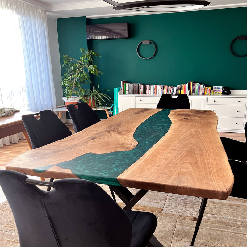 Custom Walnut Epoxy Resin River Table Pearl Green Resin WRT-49