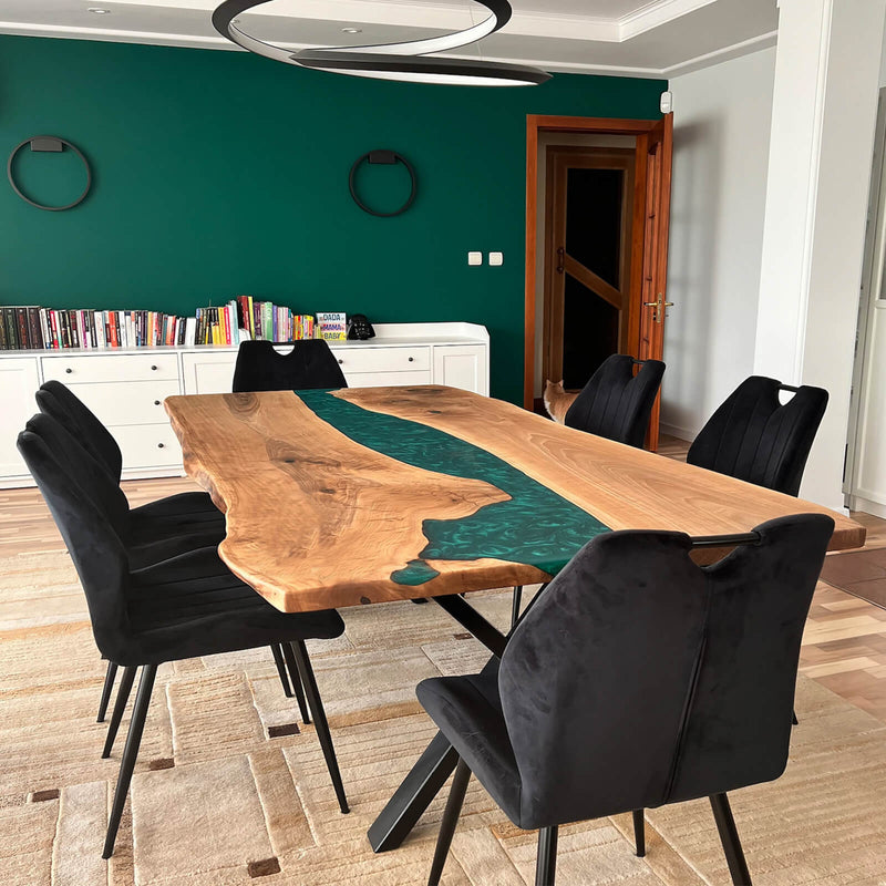 Custom Walnut Epoxy Resin River Table Pearl Green Resin WRT-49