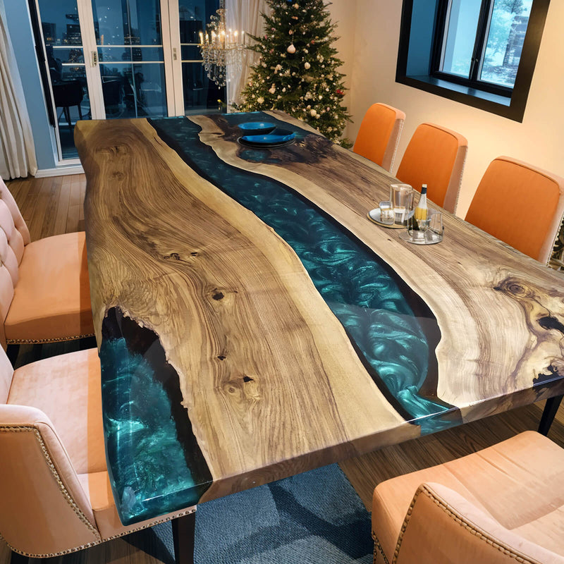 Custom Walnut Epoxy Resin River Table Pearl Green Resin WRT-37