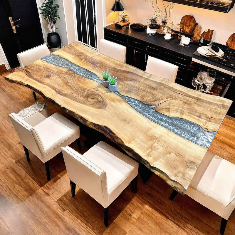 Custom Walnut Epoxy Resin River Table Pearl Silver Resin WRT-16