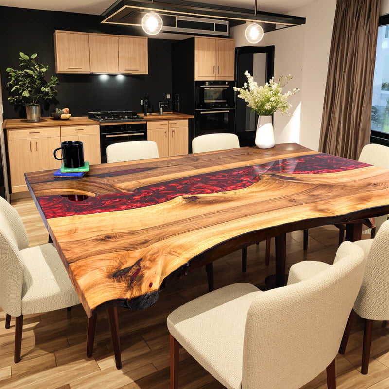 Custom Walnut Epoxy Resin River Table Red Resin WRT-35