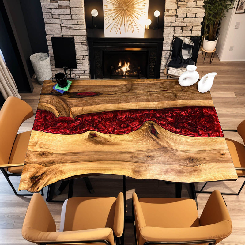 Custom Walnut Epoxy Resin River Table Red Resin WRT-35