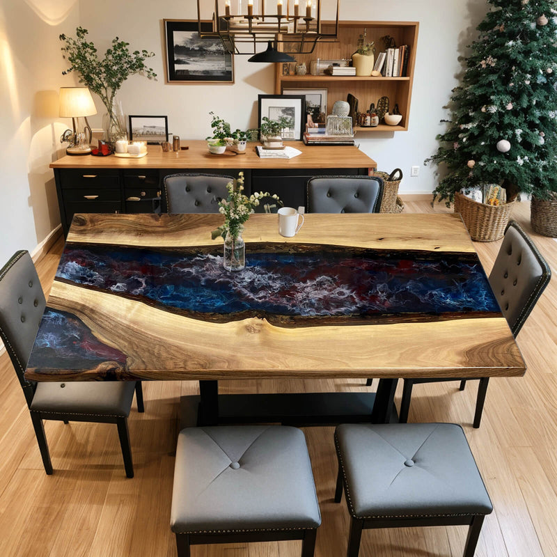 Custom Walnut Epoxy Resin River Table Red White Blue Resin WRT-28